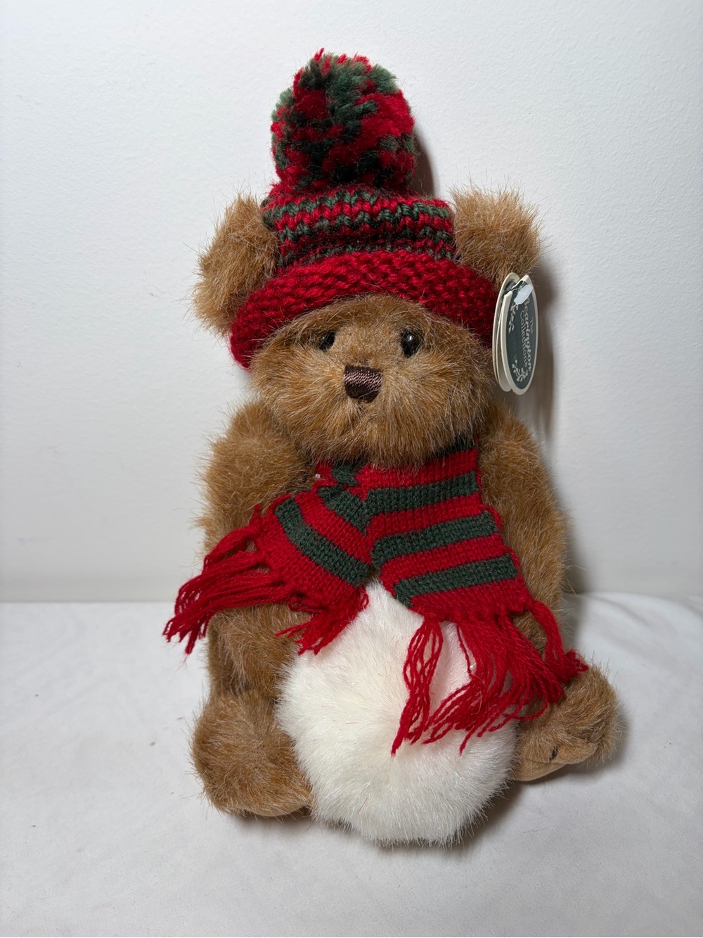 Festive Brown Plush Bear with Red & Green Knit Hat and Scarf